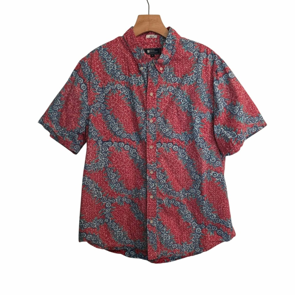 Reyn Spooner Hawaiian Shirt Red & Blue Floral Aloha Resort  Beach Surf Large